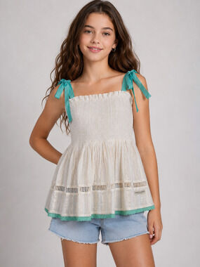 Camille & Leah Boutique White and Mint Smocked Bodice Tunic Shoulder Tie 12y
